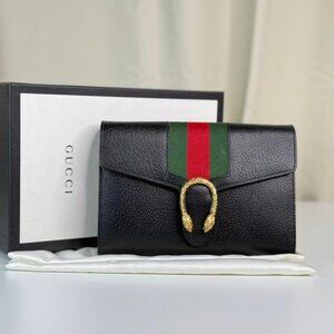 Gucci Black Leather Small Dionysus Crossbody Bag with Iconic Green & Red Webbing